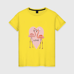 Женская футболка хлопок Розовые фламинго на фоне розового сердца