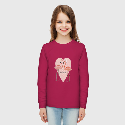 Детский лонгслив хлопок Розовые фламинго на фоне розового сердца, цвет маджента - фото 5