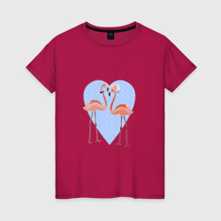 Женская футболка хлопок Розовые фламинго на фоне голубого сердца в горошек