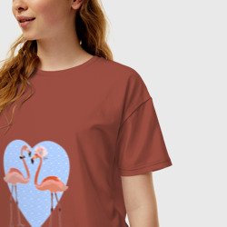 Женская футболка хлопок Oversize Розовые фламинго на фоне голубого сердца в горошек - фото 2