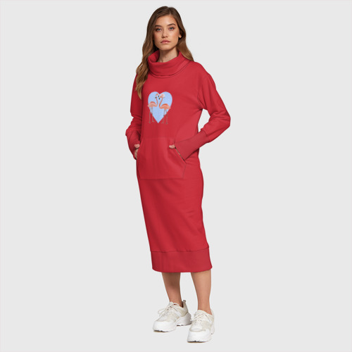 Платье удлиненное хлопок Розовые фламинго на фоне голубого сердца в горошек - фото 5