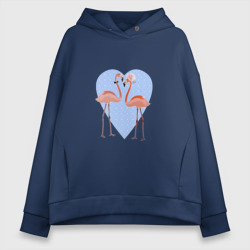 Женское худи Oversize хлопок Розовые фламинго на фоне голубого сердца в горошек