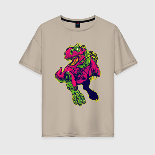 Женская футболка хлопок Oversize Кибернетический тиранозавр, цвет миндальный