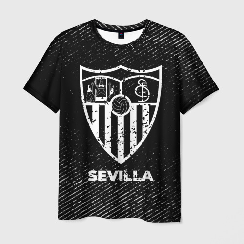 Мужская футболка с принтом Sevilla с потертостями на темном фоне, вид спереди №1