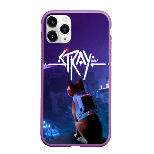 Чехол для iPhone 11 Pro Max матовый Stray кот неон, цвет фиолетовый