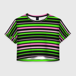 Женская футболка Crop-top 3D Полосаты узор в зелено-розовых оттенках на черном