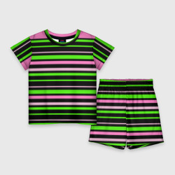 Детский костюм с шортами 3D Полосаты узор в зелено-розовых оттенках на черном