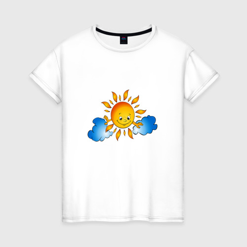 Женская футболка из хлопка с принтом Солнышко и облака, вид спереди №1
