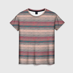 Женская футболка 3D Серые, бежевые, красные полосы с текстурой дерева