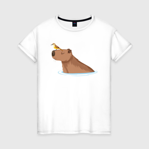 Женская футболка хлопок с принтом Капибара в водичке с птичкой, вид спереди #2