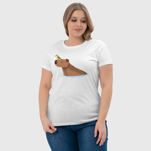 Женская футболка хлопок с принтом Капибара в водичке с птичкой, фото #4