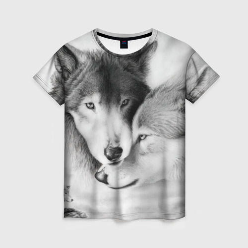 Женская футболка с принтом Love: Волк и волчица, вид спереди №1