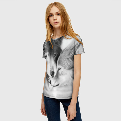 Женская футболка 3D с принтом Love: Волк и волчица, фото на моделе #1