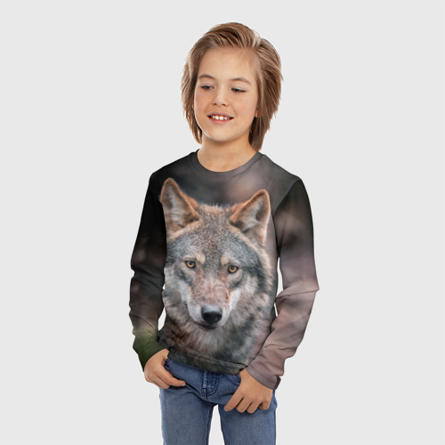 Детский лонгслив 3D с принтом Волк с грустными глазами, фото на моделе #1