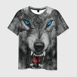 Мужская футболка 3D Агрессивный волк с синими глазами
