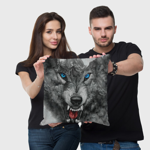 Подушка 3D Агрессивный волк с синими глазами - фото 3