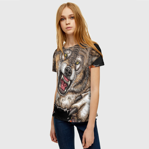 Женская футболка 3D с принтом Волк и царапины, фото на моделе #1