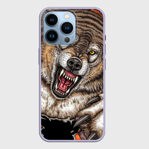 Чехол для iPhone 14 Pro с принтом Волк и царапины, вид спереди #2