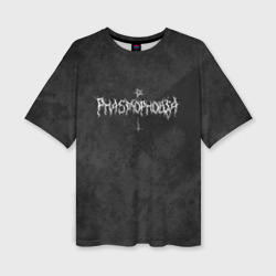 Женская футболка oversize 3D Phasmophobia пентаграмма и крест на сером фоне