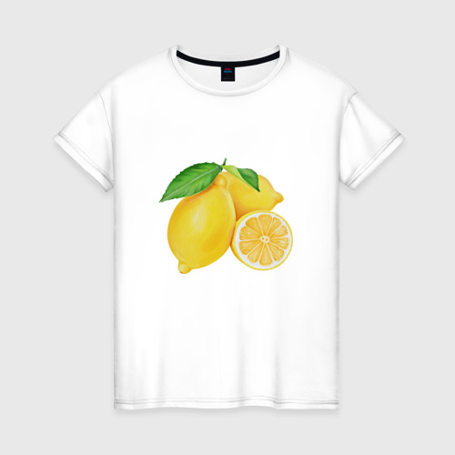 Женская футболка из хлопка с принтом Сочные лимоны, вид спереди №1
