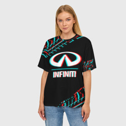 Женская футболка oversize 3D Значок Infiniti в стиле glitch на темном фоне - фото 2