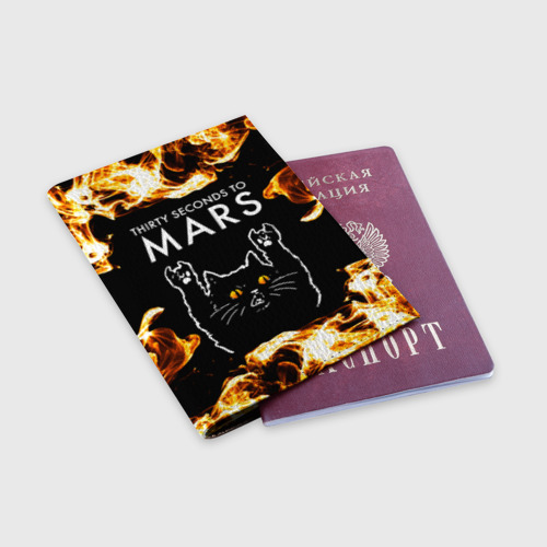 Обложка для паспорта матовая кожа Thirty Seconds to Mars рок кот и огонь, цвет пыльно-розовый - фото 3
