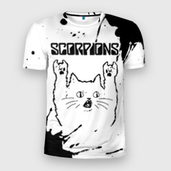 Мужская футболка 3D Slim Scorpions рок кот на светлом фоне