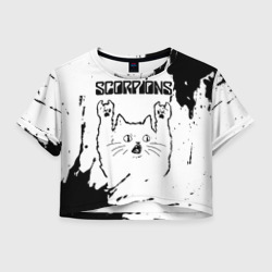 Женская футболка Crop-top 3D Scorpions рок кот на светлом фоне