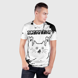 Мужская футболка 3D Slim Scorpions рок кот на светлом фоне - фото 2