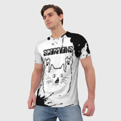 Мужская футболка 3D Scorpions рок кот на светлом фоне - фото 2