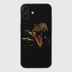 Чехол для iPhone 16 силиконовый с защитой камеры Динозавр - На черном