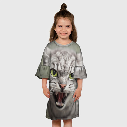 Детское платье 3D с принтом Шипящая дикая кошка, вид сбоку #3