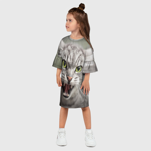 Детское платье 3D с принтом Шипящая дикая кошка, фото на моделе #1