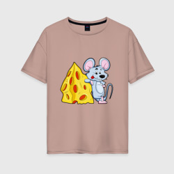 Женская футболка хлопок Oversize Мышь рядом с сыром