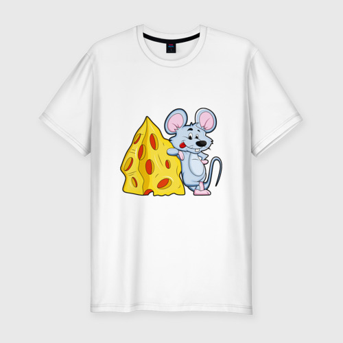 Мужская приталенная футболка из хлопка с принтом Мышь рядом с сыром, вид спереди №1