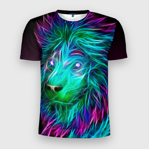 Мужская футболка 3D Slim с принтом Светящийся неоновый лев, вид спереди #2
