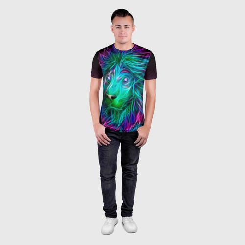 Мужская футболка 3D Slim с принтом Светящийся неоновый лев, вид сбоку #3