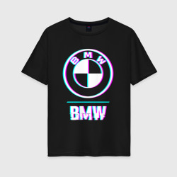 Женская футболка хлопок Oversize Значок BMW в стиле glitch