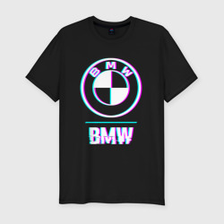 Мужская футболка хлопок Slim Значок BMW в стиле glitch