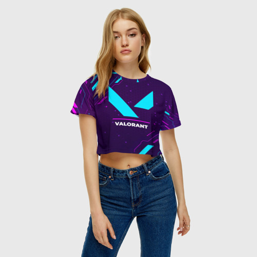 Женская футболка Crop-top 3D Символ Valorant в неоновых цветах на темном фоне, цвет 3D печать - фото 4