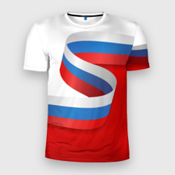 Мужская футболка 3D Slim Лента триколор на красно-белом фоне
