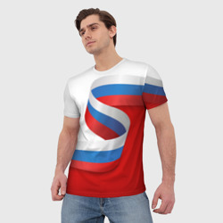 Мужская футболка 3D Лента триколор на красно-белом фоне - фото 2