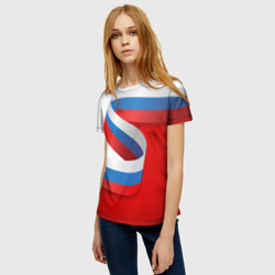 Женская футболка 3D Лента триколор на красно-белом фоне - фото 2