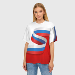 Женская футболка oversize 3D Лента триколор на красно-белом фоне - фото 2