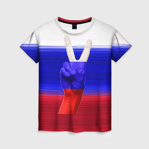 Женская футболка 3D с принтом Триколор и знак победы, вид спереди #2