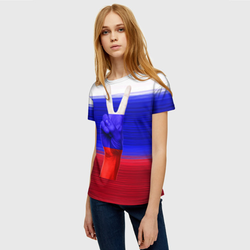 Женская футболка 3D с принтом Триколор и знак победы, фото на моделе #1