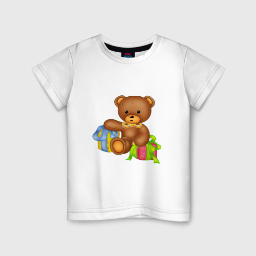 Детская футболка хлопок с принтом Плюшевый мишка с подарками, вид спереди #2