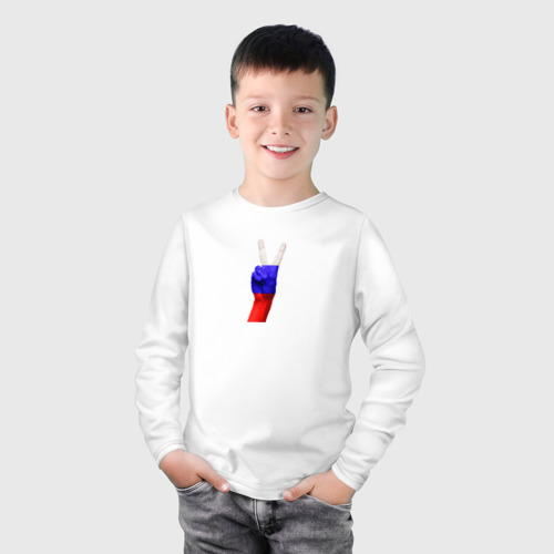 Детский лонгслив хлопок Рука со знаком победы в цветах российского триколора, цвет белый - фото 3