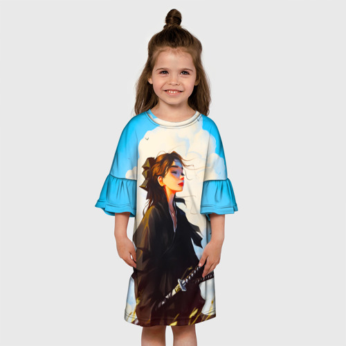 Детское платье 3D с принтом Девушка самурай и облака, вид сбоку #3