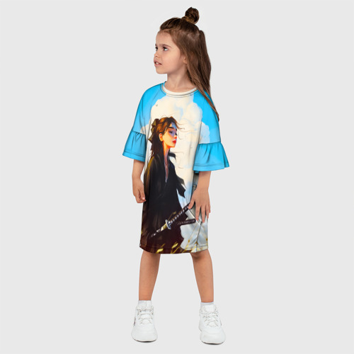 Детское платье 3D с принтом Девушка самурай и облака, фото на моделе #1